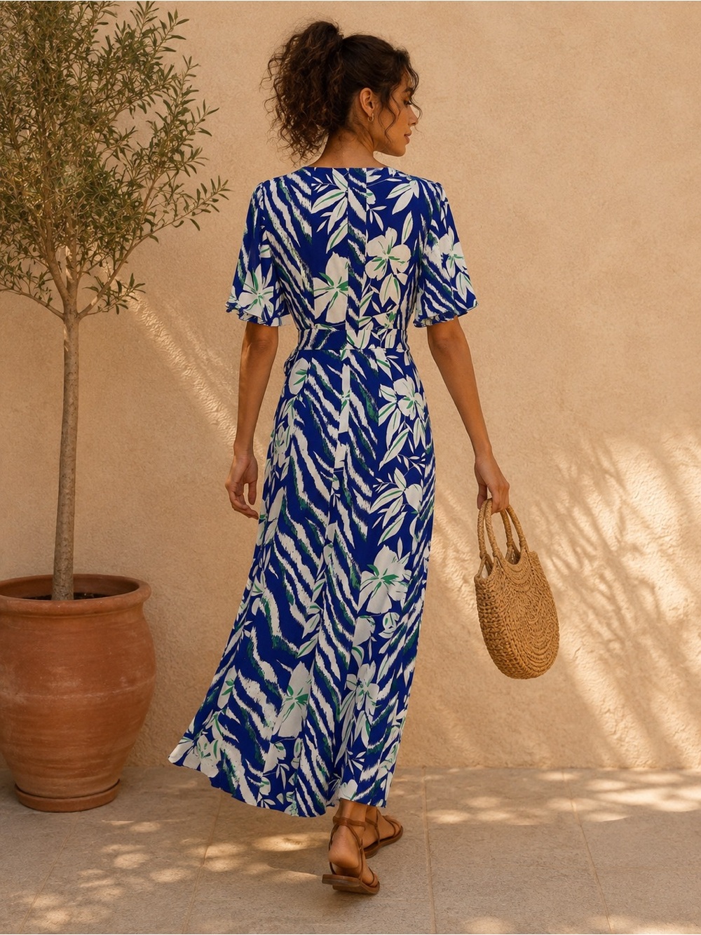 French Connection Cobalt Blue Floral Tropical Wrap Maxi Dress cape sleeves XS - Picture 13 of 14